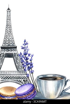 Cadre et image d'une tasse à café, de biscuits aux macarons et aux amandes et de la Tour Eiffel. Illustration d'aquarelle dessinée à la main. Cuisine française. Pour l'emballage Banque D'Images
