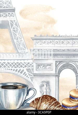 Encadrer avec une photo d'une tasse de café, de pâtisseries françaises, de la Tour Eiffel et de l'Arc de Triomphe à Paris. Illustration d'aquarelle dessinée à la main Banque D'Images