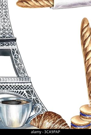 Cadre avec pâtisseries françaises. Illustration d'aquarelle dessinée à la main. Baguette française, biscuit aux amandes, croissant et Tour Eiffel. Pour le menu et la recette Banque D'Images