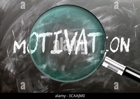 Motivation - apprendre, étudier et inspecter. Examinez de plus près la motivation. Une loupe agrandissant le mot « motivation » écrit sur un tableau noir Banque D'Images