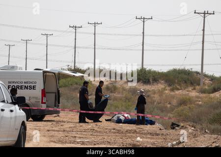 L'équipe médico-légale enquête sur une scène de crime violent dans le désert de Ciudad Juarez, au milieu de la violence urbaine croissante. Banque D'Images