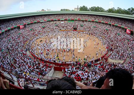 9 juillet 2023, Pampelune, Navarre, Espagne : une vue générale des arènes de Pampelune du Festival San Fermin à Pampelune, Espagne le 09 juillet 2023. La fiesta de taureaux a lieu chaque année du 06 au 14 juillet en commémoration du saint patron de la ville. Des visiteurs du monde entier assistent au festival. Beaucoup d'entre eux participent physiquement à l'événement phare - la course des taureaux, ou encierro - où ils tentent de surpasser les animaux le long d'un itinéraire à travers les rues étroites de la vieille ville de Pampelune. (Crédit image : © Ruben Albarran/ZUMA Press Wire) Banque D'Images