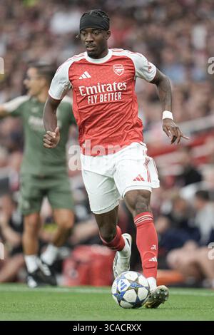 Noni Madueke d'Arsenal lors du match amical de pré-saison Arsenal vs Villarreal à Emirates Stadium, Londres, Royaume-Uni. 6 août 2025. (Photo de Harvey Murphy/News images) in, le 6/08/2025. (Photo de Harvey Murphy/News images/SIPA USA) crédit : SIPA USA/Alamy Live News Banque D'Images