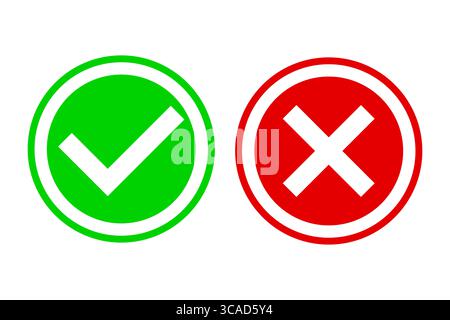 Accepter la coche. Symbole de croix de refus. Boutons graphiques vectoriels. Contraste vert/rouge. Illustration de Vecteur