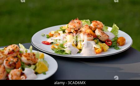 portion de salade de légumes sains fraîchement préparée avec des crevettes grillées sur l'assiette. cuisine extérieure, gros plan sur la nourriture Banque D'Images