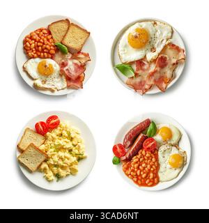 différents types de petit déjeuner avec oeuf isolé sur fond blanc, vue de dessus Banque D'Images
