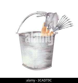 Illustration aquarelle d'un seau en métal rempli d'outils de jardinage, y compris une petite bêche, un râteau à main et une fourchette. Parfait pour les dessins, cartes, affiches et invitations sur le thème du jardin. Fond blanc Banque D'Images