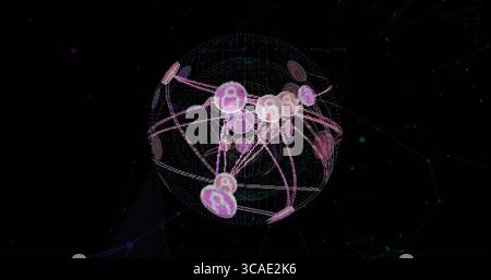 Affichage de la sphère de réseau 3D flottant dans l'espace abstrait, avec des nœuds violets verts et des icônes de cadenas Banque D'Images