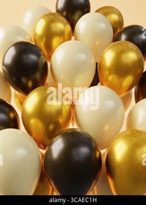 Gros plan d'un groupe de ballons festifs en noir, or et blanc. Banque D'Images