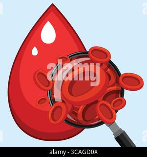 Illustration vectorielle de globules rouges agrandie sur une goutte de sang, en utilisant des couleurs vives, des lignes épurées et un style de dessin animé plat sur fond clair Illustration de Vecteur