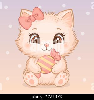 Adorable chat de dessin animé moelleux avec noeud de cheveux et bonbons. Illustration vectorielle de l'animal sur un fond coloré avec des points blancs. Illustration de Vecteur