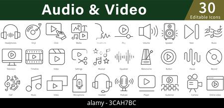 Icônes de ligne modifiables audio/vidéo définies pour la production multimédia, de divertissement, sonore et multimédia Illustration de Vecteur