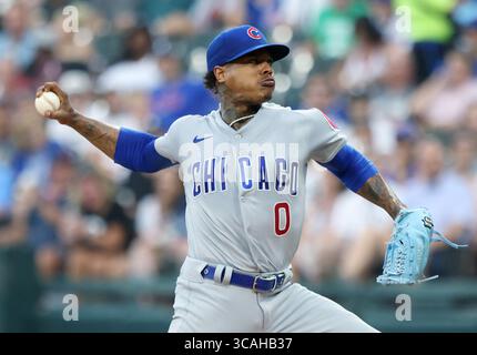 26 juillet 2023, Chicago, il, États-Unis : Marcus Stroman (0), lanceur des Chicago Cubs, se lance contre les White Sox de Chicago en première manche au Guaranteed Rate Field, le mercredi 26 juillet 2023, à Chicago. (Crédit image : © John J. Kim/Chicago Tribune via ZUMA Press Wire) Banque D'Images