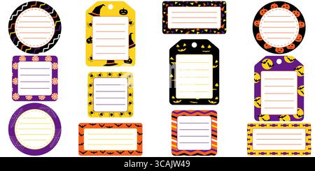 Ensemble d'autocollants et d'étiquettes d'halloween avec chauves-souris, araignées, chapeau whitch dans les couleurs orange, violet, jaune et noir. Rond, carré et rectangle halloween Illustration de Vecteur