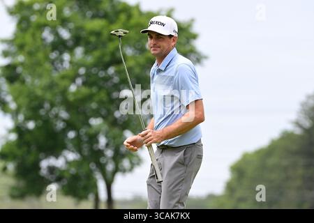 22 juin 2023 : Keegan Bradley réagit à son putt sur le neuvième green lors de la première manche du Travelers Championship à Cromwell CT. Crédit obligatoire Eric Canha/Cal Sport Media (crédit image : © Eric Canha/CSM via ZUMA Press Wire) Banque D'Images