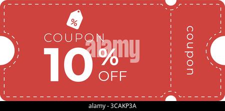 Billet de coupon de réduction de 10 % de style plat rouge avec bordure en pointillés, texte blanc gras et icône d'étiquette. Parfait pour le commerce électronique, les promotions, les ventes, la vente au détail, le marché Illustration de Vecteur