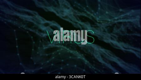 VIRUS DE texte vert fluo flottant planant au-dessus de l'espace réseau numérique, nœuds et lignes brillants Banque D'Images
