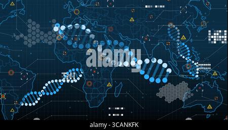 Affichage d'une carte du monde superposant des chaînes d'ADN sur une interface numérique, avec des clusters et des nœuds hexadécimaux Banque D'Images