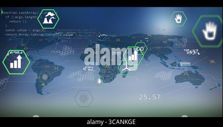 Affichage de la carte du monde sur le tableau de bord avec le code JavaScript, la grille verte des métriques et la lecture 25 Banque D'Images