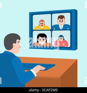 Participants à une réunion d'affaires virtuelle via un appel vidéo. Communication à distance, collaboration numérique et culture moderne du travail à domicile dans une baguette connectée Illustration de Vecteur