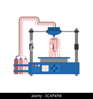 Une bio-imprimante créant une oreille humaine en utilisant la technologie de génie tissulaire. Concept de régénération des organes, innovation médicale et soins de santé futurs. Illustration de Vecteur