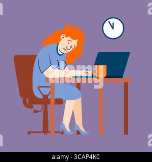 femme fatiguée assise à un ordinateur, submergée par le travail. Symbolise l'épuisement professionnel, les longues heures, le stress, le travail à distance. Illustration de Vecteur