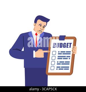 Homme d'affaires inquiet présentant un rapport budgétaire. Concept de planification financière, de comptabilité et de prévision commerciale. Questions budgétaires et stress économique. Illustration de Vecteur