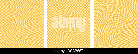 Design vectoriel en damier de couleur jaune et orange courbé avec une ambiance psychédélique des années 50. Jeu de carreaux sans couture pour l'impression idéal pour le disco, jeu rétro 8 bits Illustration de Vecteur