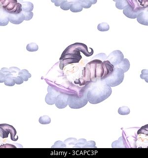 Gnomes mignons dormant sur un nuage dans le ciel, motif sans couture aquarelle pour la conception d'enfants. Illustration dessinée à la main d'elfes de nuit de rêves de fées. Magique Banque D'Images