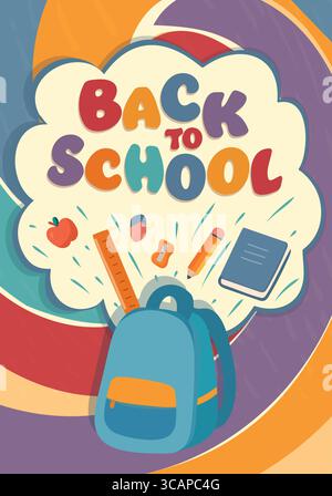 Affiche de retour à l'école amusante et colorée avec des fournitures scolaires éclatant d'un sac à dos pour enfants Illustration de Vecteur