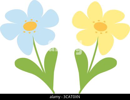 Bleu ciel et jaune ensoleillé fleurs de camomille dessinées à la main Spring Floral autocollant icône Design Element Set. Illustration vectorielle isolée icône pictogramme cartes de voeux d'été, dépliants, prix, étiquettes Illustration de Vecteur