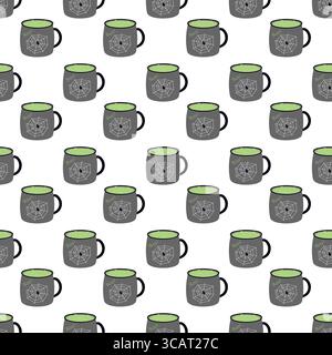 Tasses grises avec potion Witch Green et bulles avec araignée et toile d'araignée sur le côté avant sans couture motif. Illustration vectorielle isolée Halloween thèmes connexes cartes de vœux, dépliants, étiquettes, invitation à la fête Illustration de Vecteur
