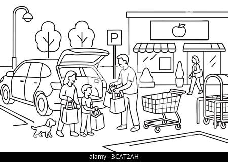 Famille déchargeant l'épicerie dans le parking du supermarché coloriage page. Illustration de Vecteur