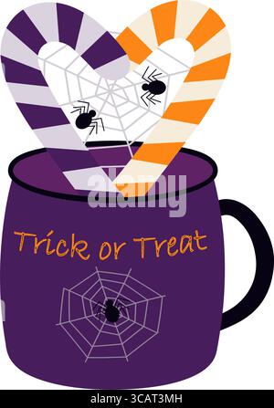 Candy Cane Heart Shape avec Cobtoile et araignées composition d'Halloween dans Mug avec Trick or Treat Text. Illustration vectorielle isolée Halloween thèmes cartes de voeux, dépliant, étiquette, invitation à la fête Illustration de Vecteur