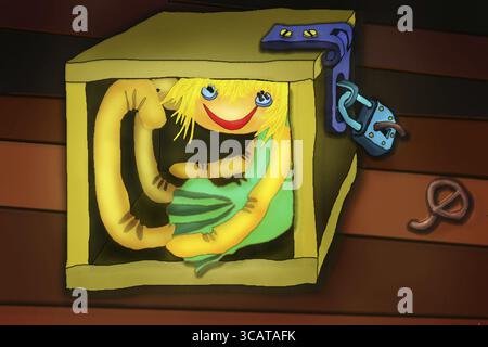 Joyeux oublié triste poupée solitaire piégée dans une boîte. La clé est cassée et jetée. Le temps passe, la vie envole le concept. Art numérique abstrait illust Banque D'Images