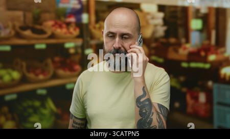 Homme barbu parlant au téléphone dans un marché de fruits en plein air avec des produits frais et bras tatoué visible, créant une scène de shopping moderne et urbaine. Banque D'Images