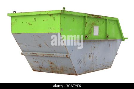 L'acier utilisé pour conteneurs rouillés vert les déchets de construction. Véritable outil de construction concept. Isolated on white Banque D'Images