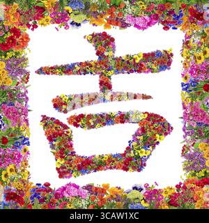 Hiéroglyphe chinois bonheur (succès, prospérité) fait de fleurs d'été vives. Floral carré nature abstrait fait à la main collage isolé Banque D'Images