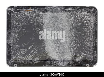 Un écran cassé de tablette. Une voiture l'a percuté. Isolé avec patch studio shot. Production de masse Banque D'Images