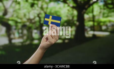 Main tenant un écusson du drapeau suédois à l'extérieur dans un parc, mettant en valeur la fierté nationale et l'identité culturelle dans un cadre naturel. Banque D'Images