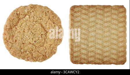 Biscuits solides coockes de forme ronde et carrée. Isolé sur blanc studio macro Banque D'Images