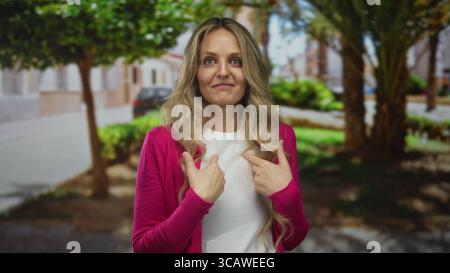 Femme tient le doigt tout en pointant vers elle-même dans le parc où la jeune blonde se tient au milieu du vert à l'extérieur avec une expression surprise. Banque D'Images