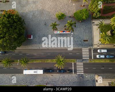 Panneau Madère à Funchal vu d'en haut - vue imprenable à vol d'oiseau de ce monument emblématique. Parfait pour les voyages, les drones et les amoureux du Portugal. Banque D'Images