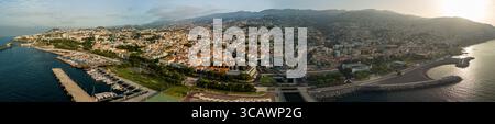 Vue panoramique sur le front de mer de Funchal Madère avec des bâtiments animés, une promenade bordée de palmiers et l'océan Atlantique qui s'étend à l'horizon. Banque D'Images