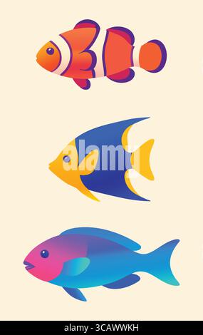 Trois icônes vectorielles vibrantes d'un poisson-clown, d'un poisson-ange de récif et d'un poisson tropical multicolore sur fond pâle. Illustration de Vecteur