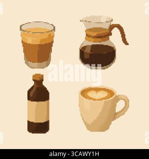 Quatre icônes vectorielles d'un verre de café glacé, carafe à café versable, bouteille de sirop et tasse de latte sur fond de crème. Illustration de Vecteur