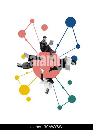 Affiche colorée audacieuse de jeune équipe à distance travaillant sur des ordinateurs portables à travers le diagramme circulaire Banque D'Images