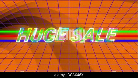 Texte fluo flottant de style glitch lisant UNE VENTE ÉNORME dérive dans une grille orange, avec des lignes de balayage RVB Banque D'Images