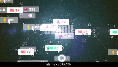Icônes de notification de médias sociaux flottant dans l'espace, avec enveloppe, cœur, utilisateur, alerte et icônes de chat Banque D'Images