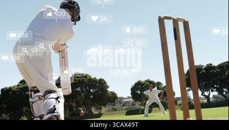 Tenant chauve-souris se préparant à frapper la balle en uniforme blanc au terrain de cricket, icônes sociales, espace de copie Banque D'Images